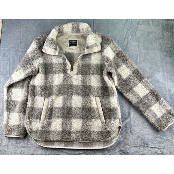ABERCROMBIE Fleece Pullover Jacket Women’s S Grey Buffalo Plaid Kangaroo Pocket - Picture 12 of 12